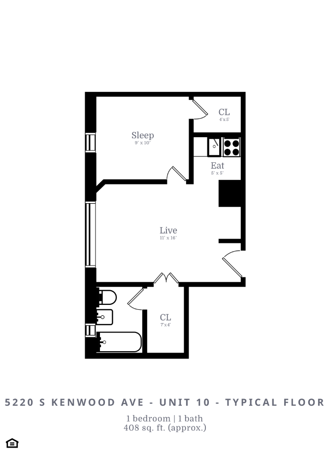 Floor plan for 1 bed, 1 bath, 403 sqft